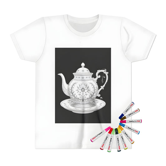 Kid's T-shirt with beautifully detailed teapot and floral patterns coloring page design