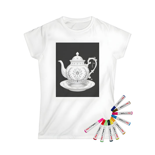 Women's T-shirt with beautiful teapot design and floral patterns