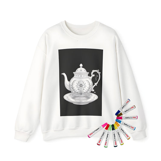 Adult sweatshirt featuring a beautifully detailed teapot with floral patterns and elegant designs for coloring or art enthusiasts