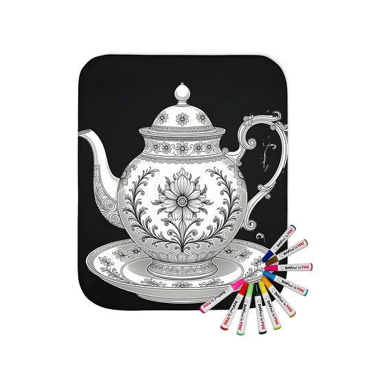 Blanket with beautiful teapot and floral patterns design for adult coloring or art
