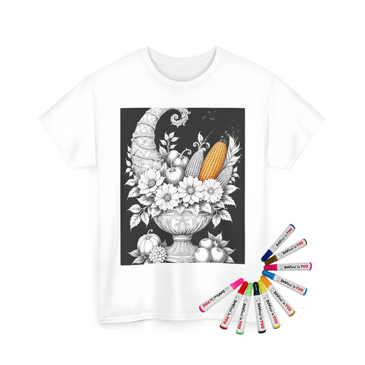 Unisex T-shirt with colorful cornucopia design featuring fruits, vegetables, and flowers