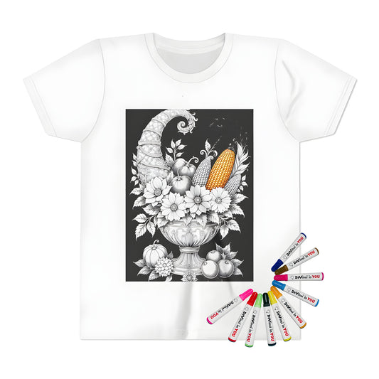 Kid's colorful t-shirt featuring an ornate cornucopia design with vibrant fruits, vegetables, and flowers, perfect for kids who love to color