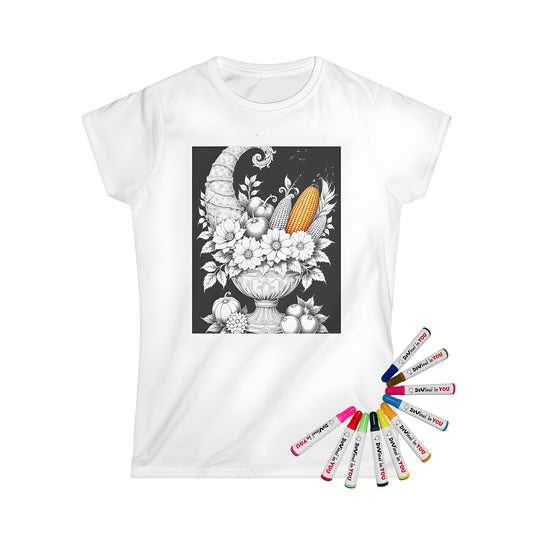 Women's t-shirt with colorful cornucopia design featuring vibrant fruits, vegetables, and flowers on a black and white background