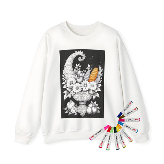 Adult sweatshirt featuring an ornate cornucopia design with vibrant fruits, vegetables, and flowers