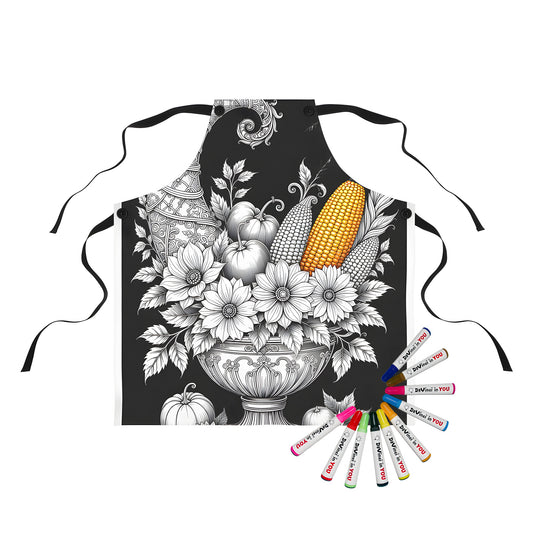 Apron with colorful cornucopia design featuring detailed fruits, vegetables, and flowers