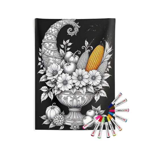 Indoor wall tapestry with colorful cornucopia design featuring fruits, vegetables, and flowers