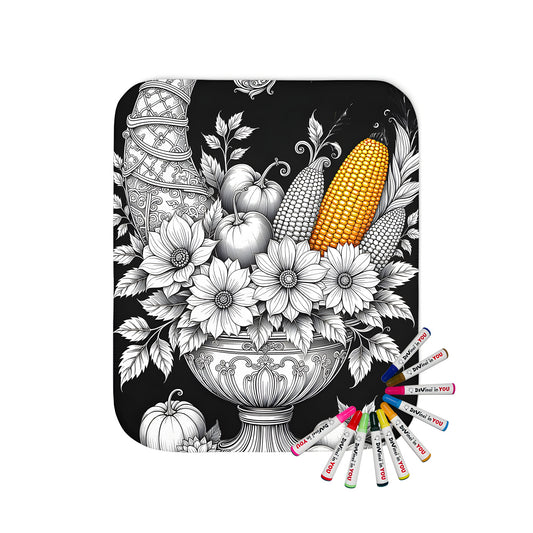 Cozy blanket with vibrant cornucopia design featuring colorful fruits, vegetables, and flowers against a black and white coloring page background.