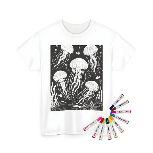 Jellyfish, squid, seahorse, underwater scene coloring kit for adults and kids, line drawing illustration on a unisex t-shirt