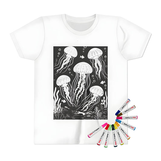 Coloring kit for kids featuring a line drawing of jellyfish, fish, and underwater scene on a comfy t-shirt