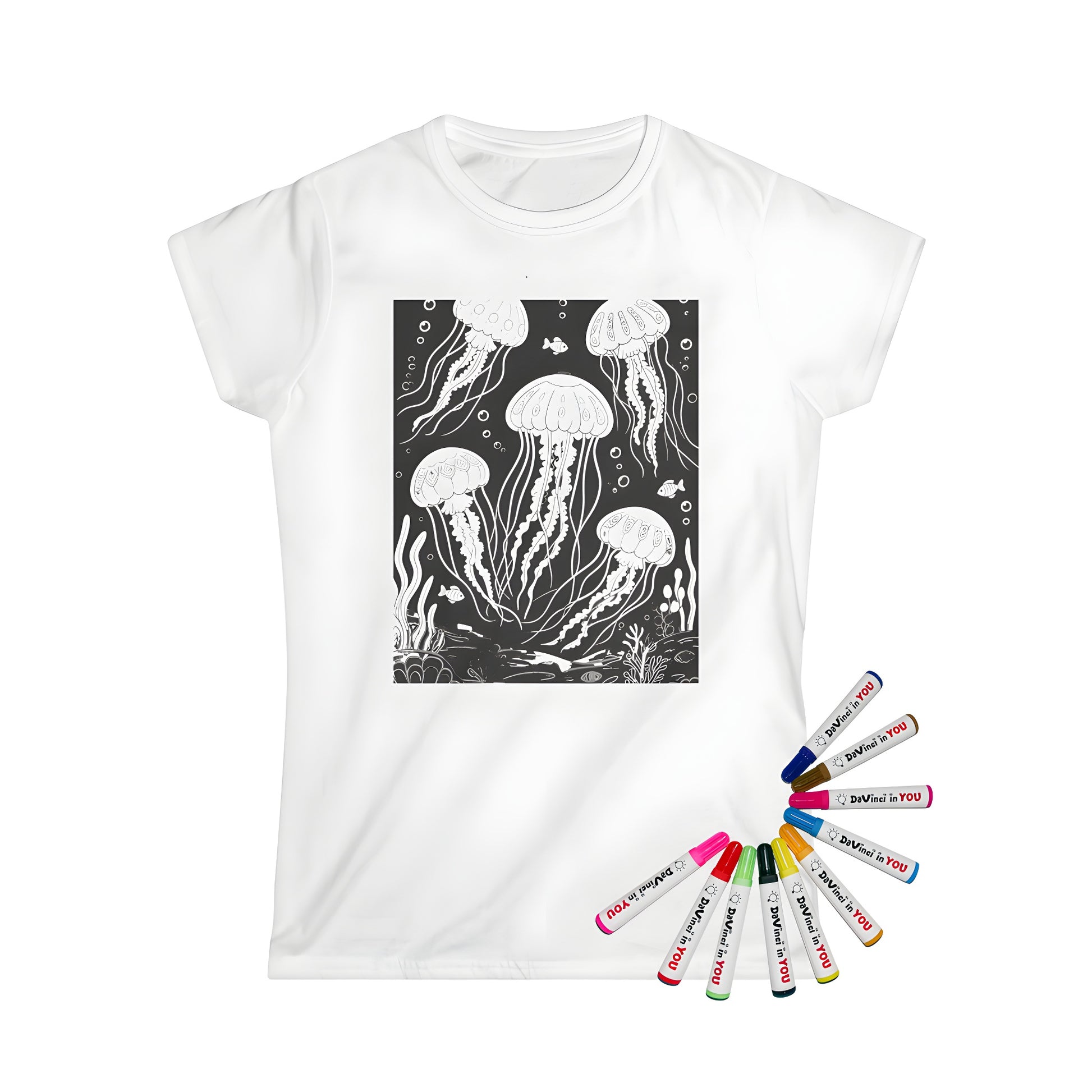 Women's T-shirt with jellyfish coloring page design featuring sea creatures, ocean scene, and colorful fish
