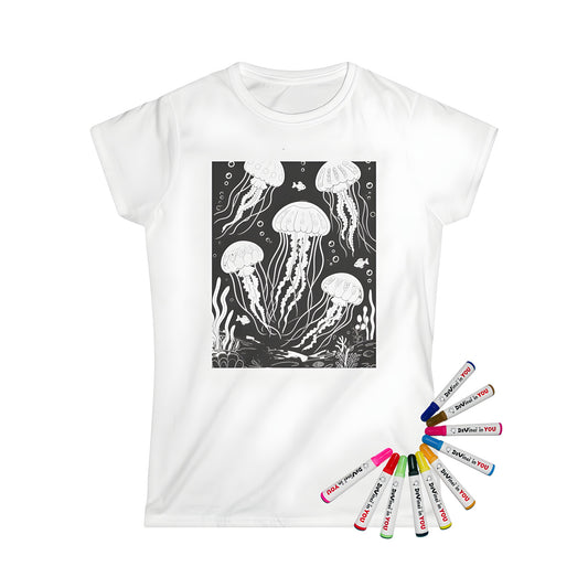 Women's T-shirt with jellyfish coloring page design featuring sea creatures, ocean scene, and colorful fish