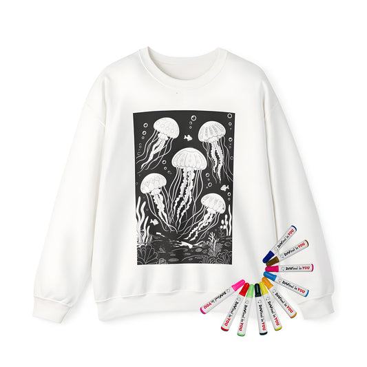Adult sweatshirt featuring a colorful line drawing of jellyfish, small fish, bubbles, and marine plants in an underwater scene. Includes 10 fabric markers for creative expression.