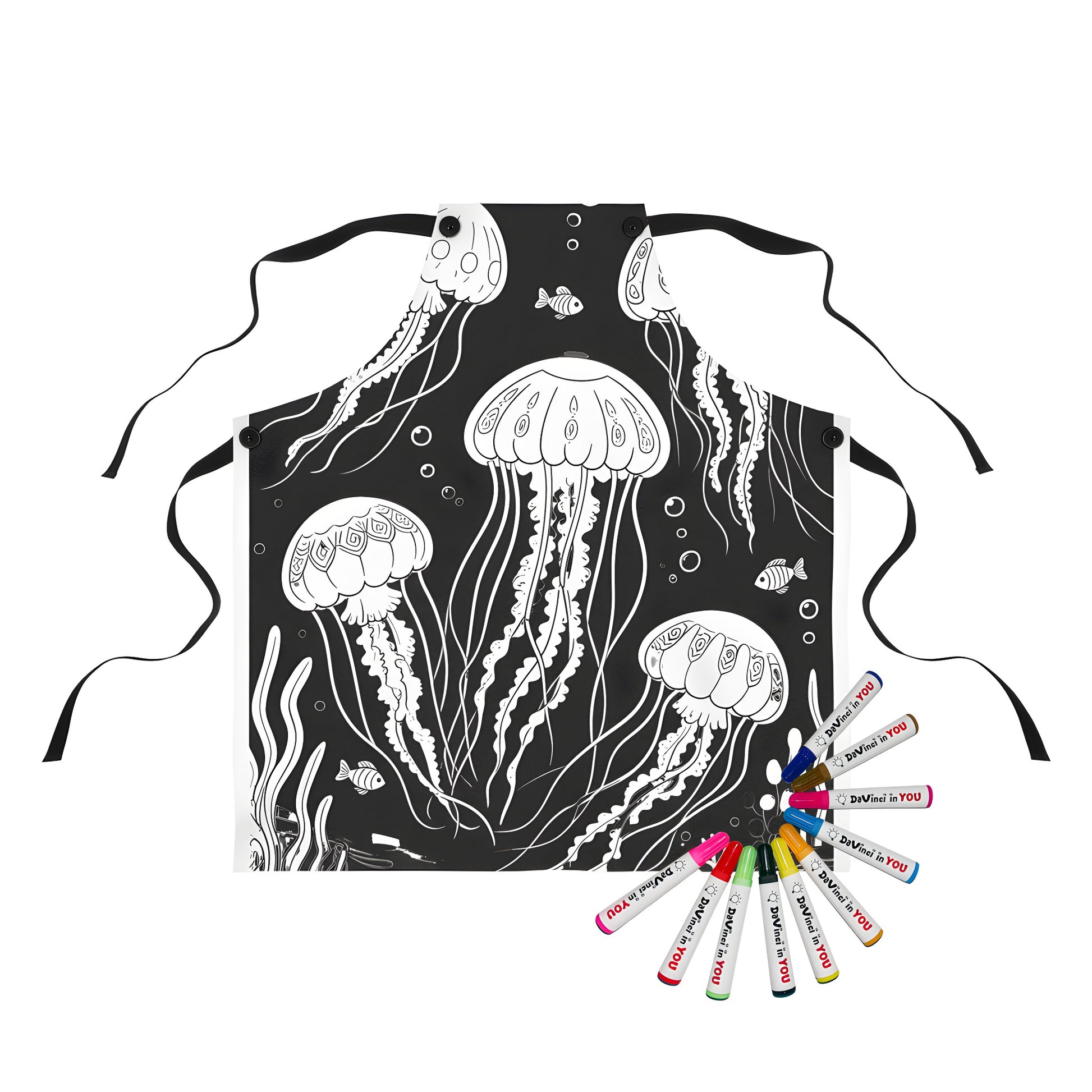 Coloring apron featuring a line drawing of jellyfish, fish, bubbles, and seaweed