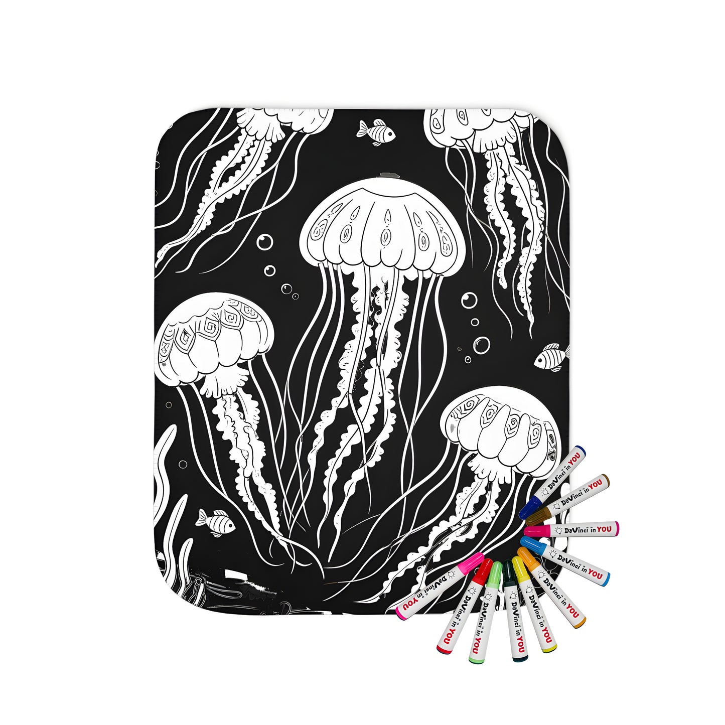 Cozy blanket featuring a vibrant line drawing of jellyfish and small fish in an underwater scene filled with bubbles and marine plants.