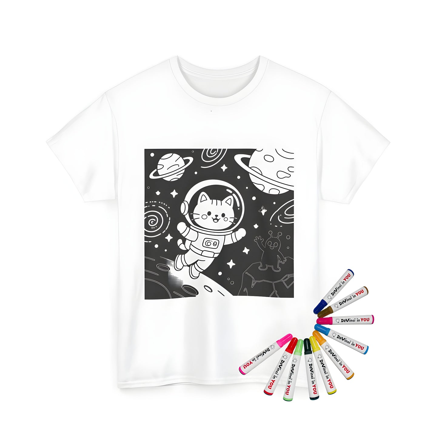 Unisex t-shirt featuring a fun cat astronaut design with planets and stars, perfect for space lovers