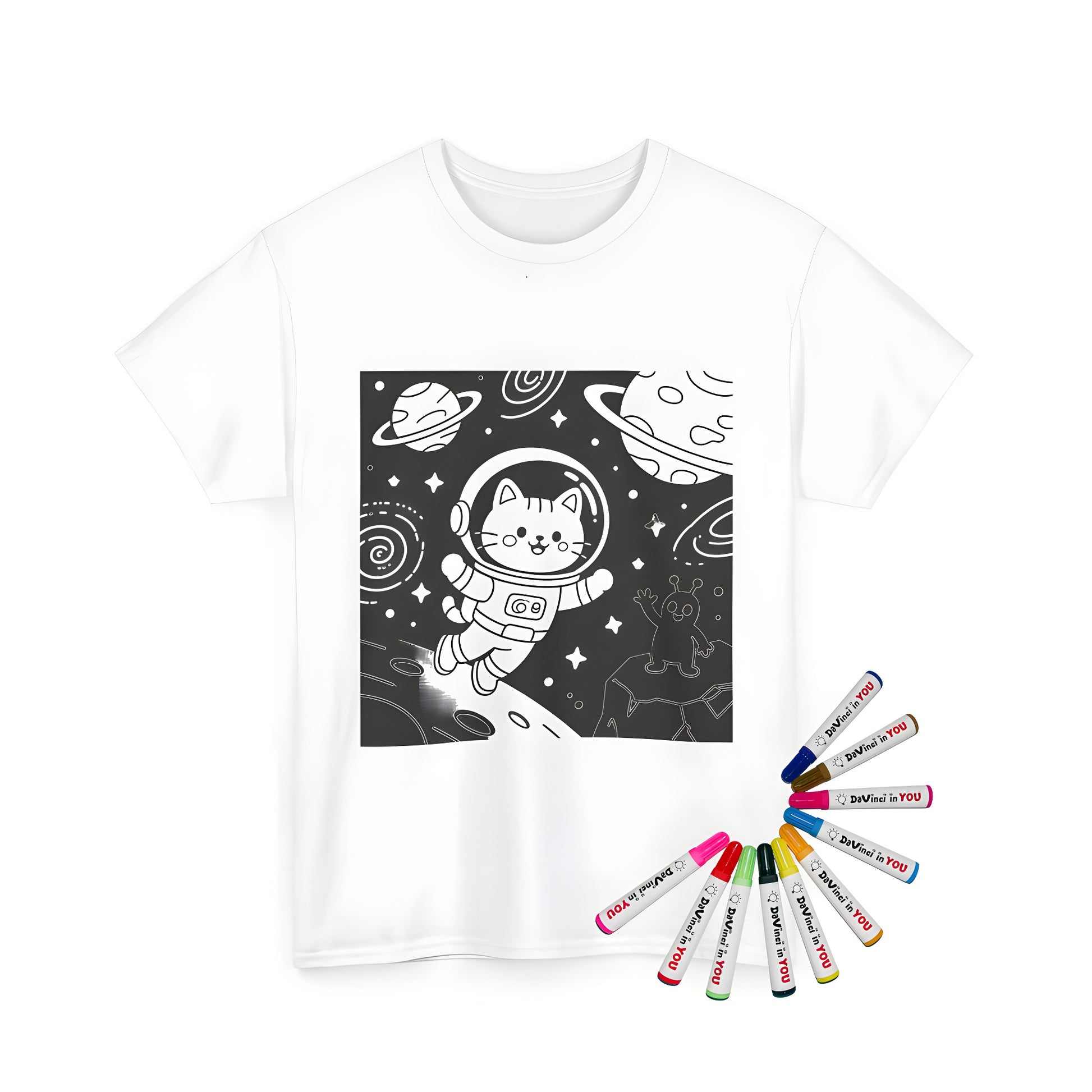 Unisex t-shirt featuring a fun cat astronaut design with planets and stars, perfect for space lovers