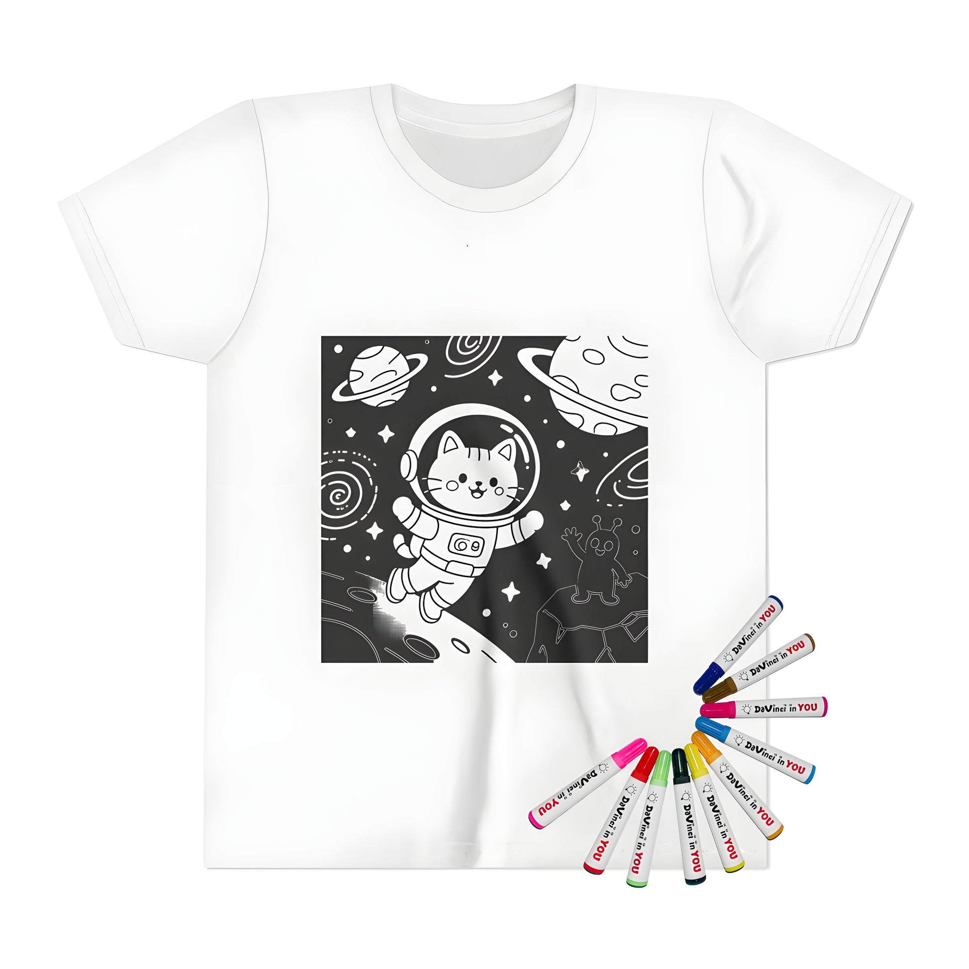 Kid's cat astronaut t-shirt for coloring with 10 fabric markers, space adventure design