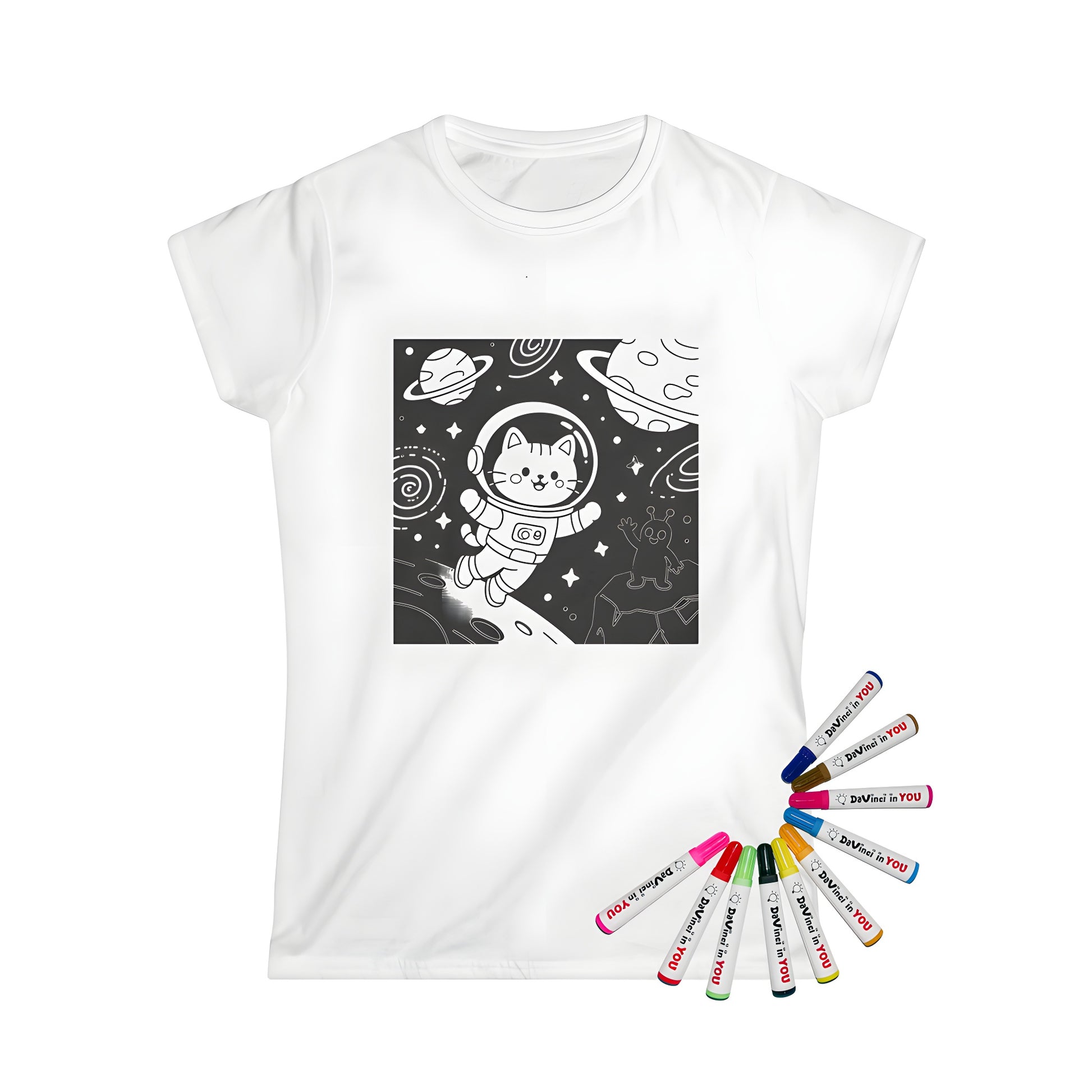Women's t-shirt featuring a cartoon cat in astronaut suit floating in space among planets and stars