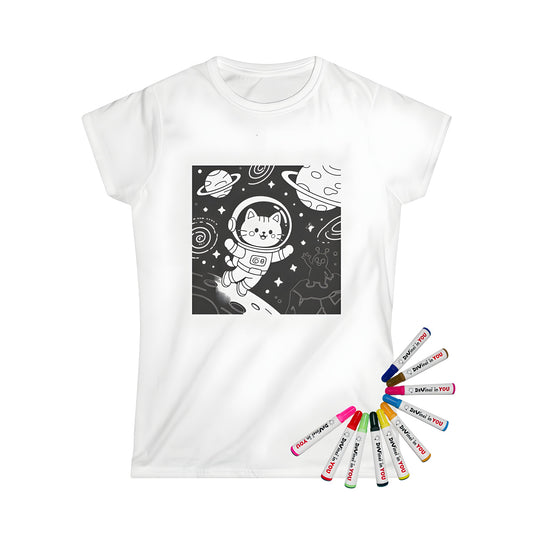 Women's t-shirt featuring a cartoon cat in astronaut suit floating in space among planets and stars