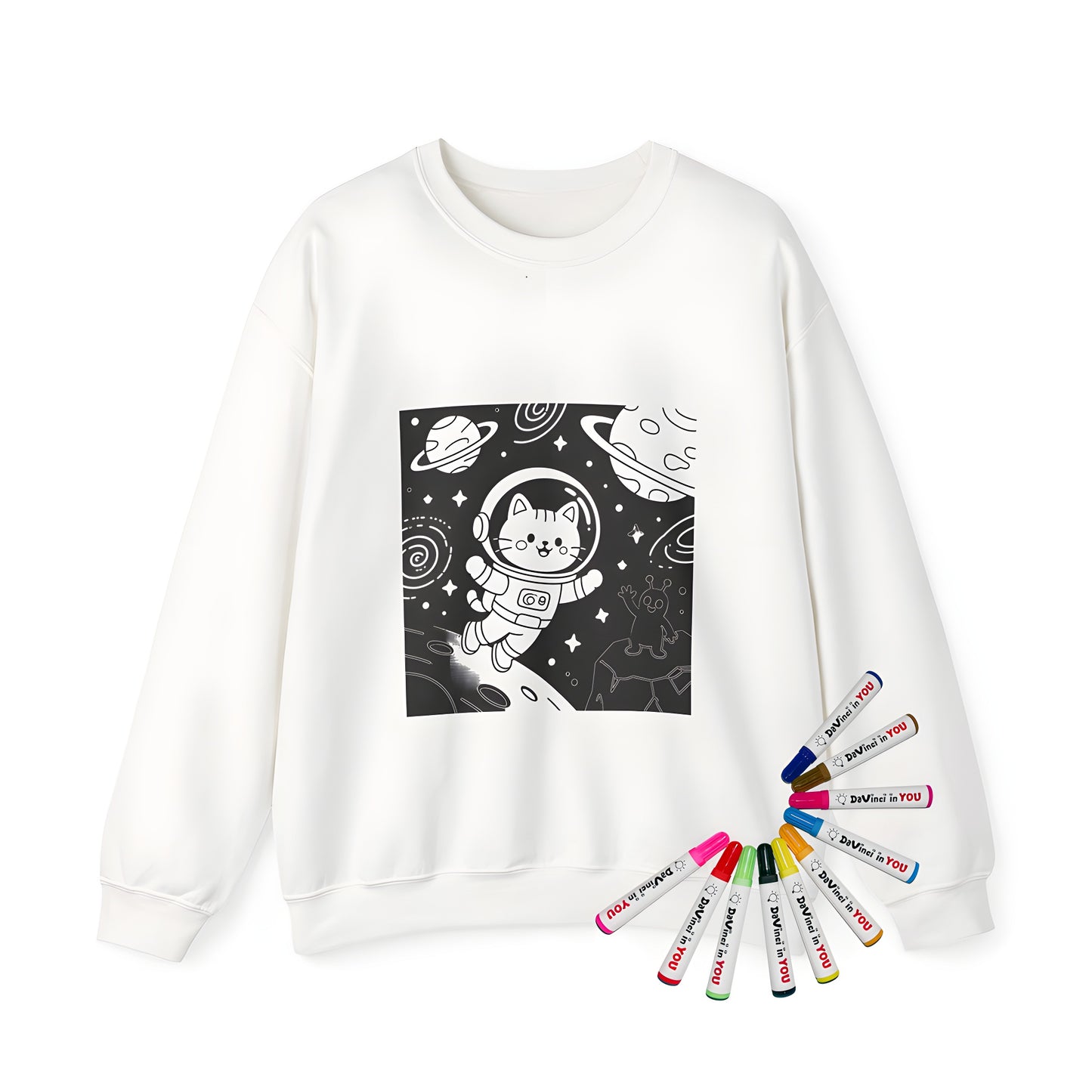 Adult sweatshirt with colorful cat astronaut design featuring planets and stars