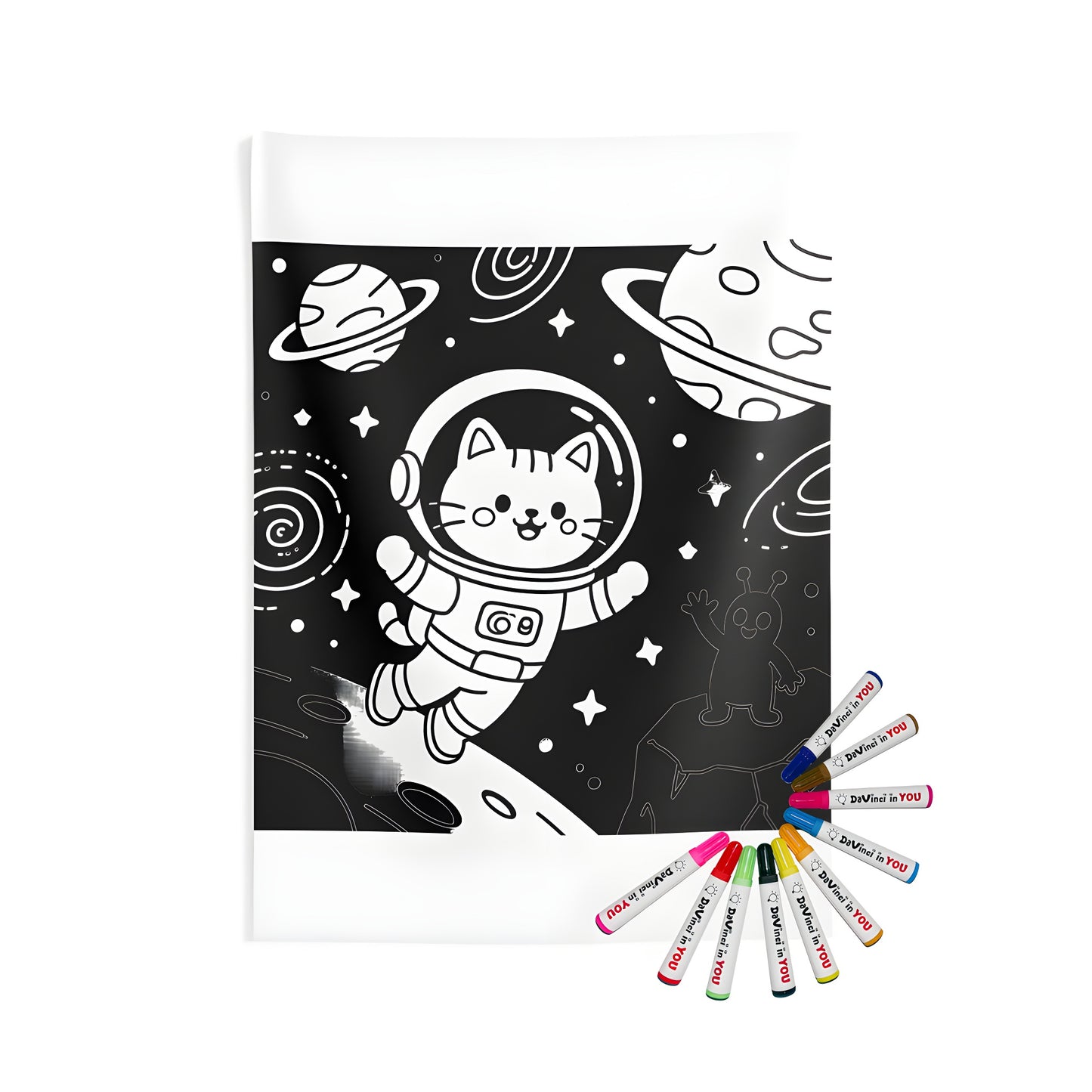 Cute cartoon cat astronaut floating in space with planets and stars, colorful interior wall hanging tapestry