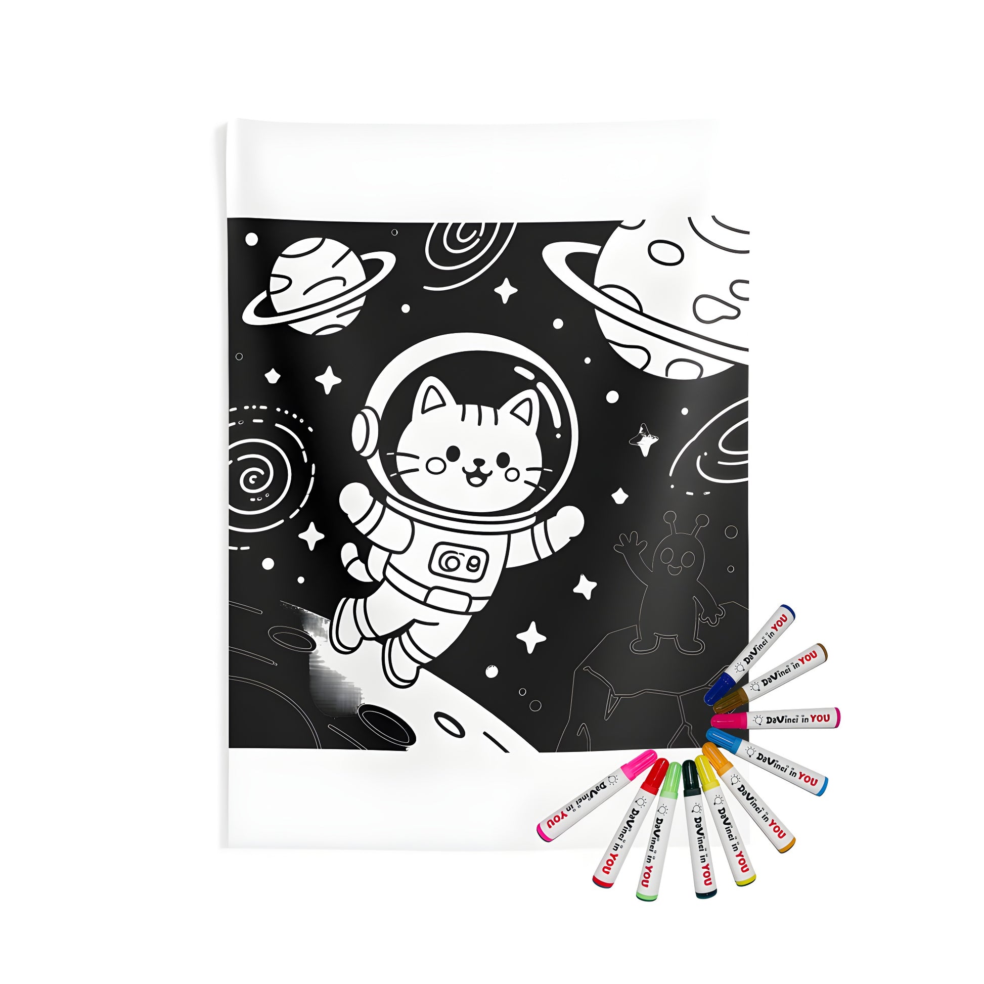 Cute cartoon cat astronaut floating in space with planets and stars, colorful interior wall hanging tapestry