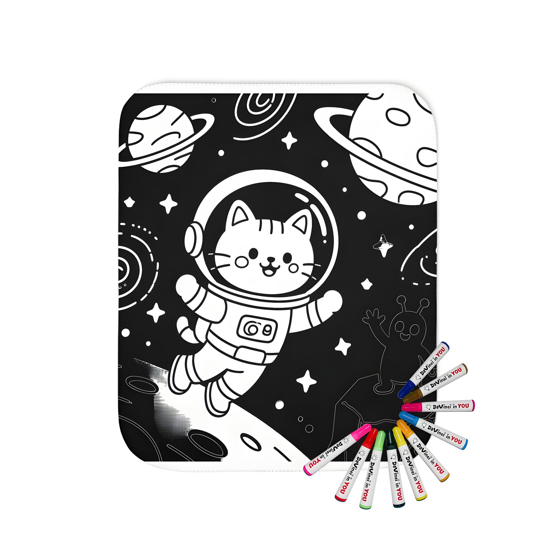 Blanket with cartoon cat astronaut design, fun space theme, coloring kit fabric markers included
