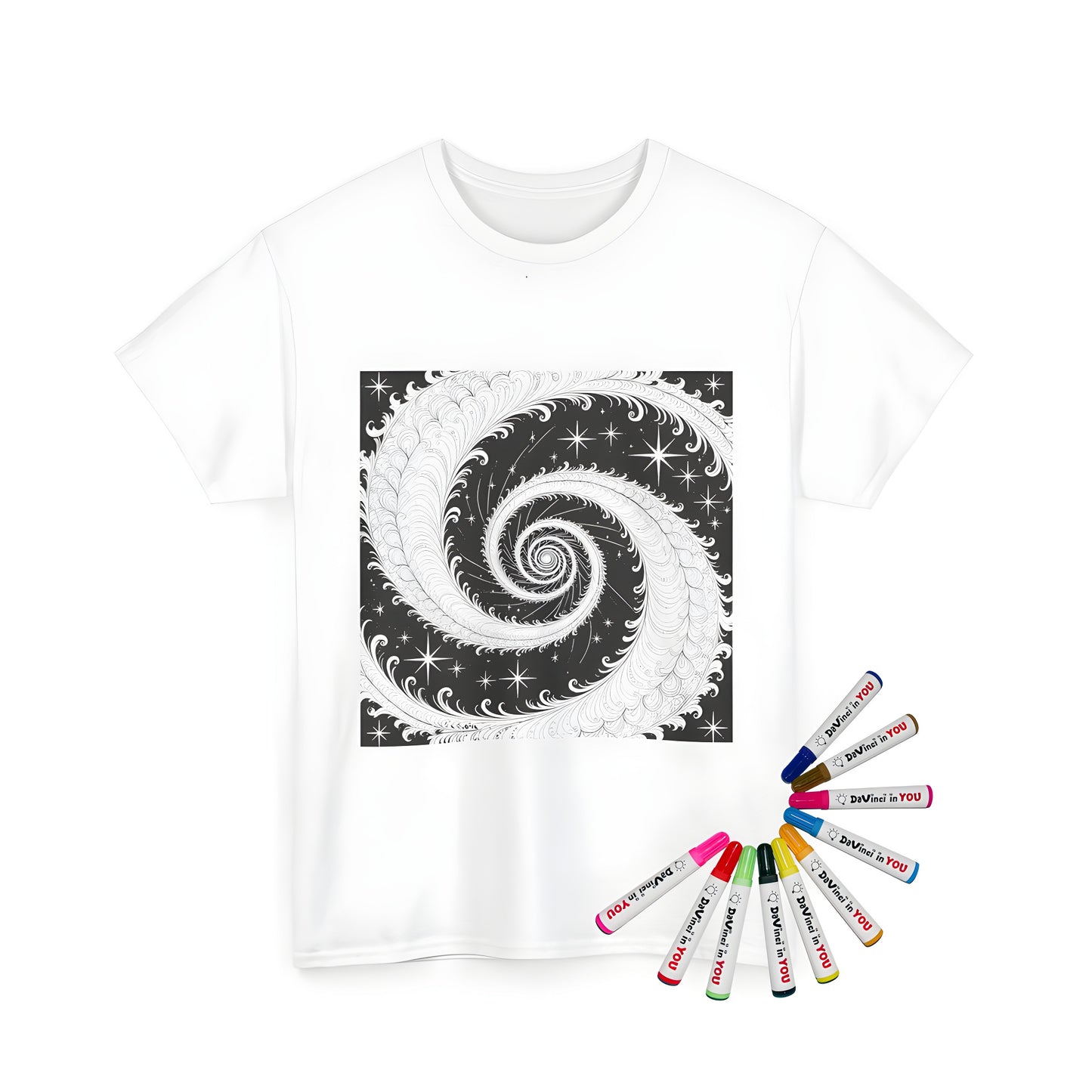 Unisex t-shirt with spiral artwork design and starry background