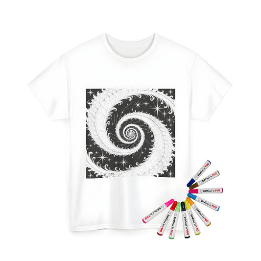 Unisex t-shirt with spiral artwork design and starry background