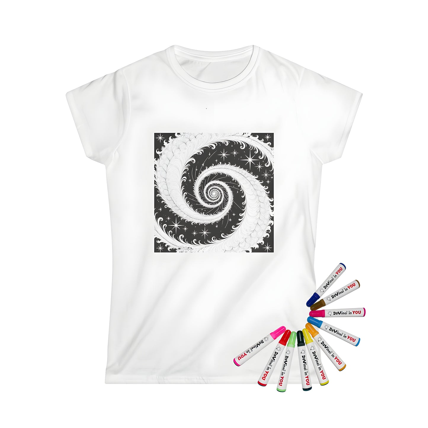 Women's t-shirt with intricate black and white spiral artwork and starry background for adult coloring