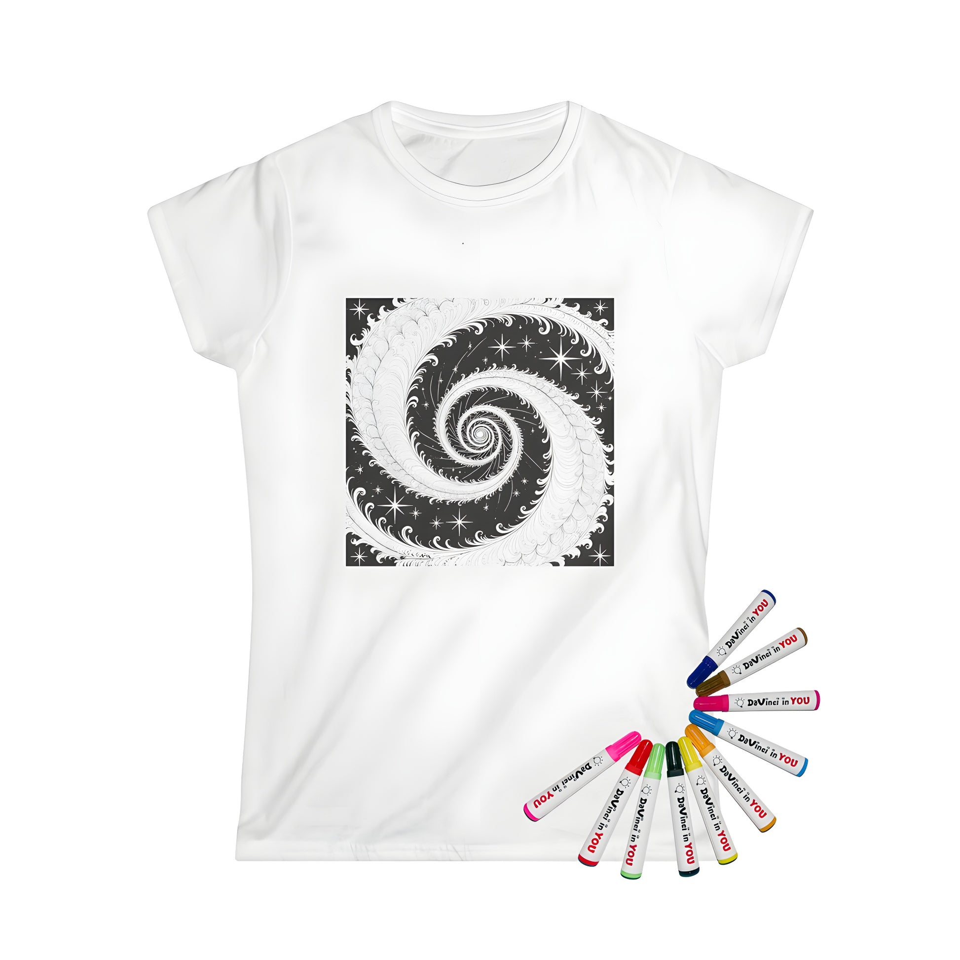 Women's t-shirt with intricate black and white spiral artwork and starry background for adult coloring