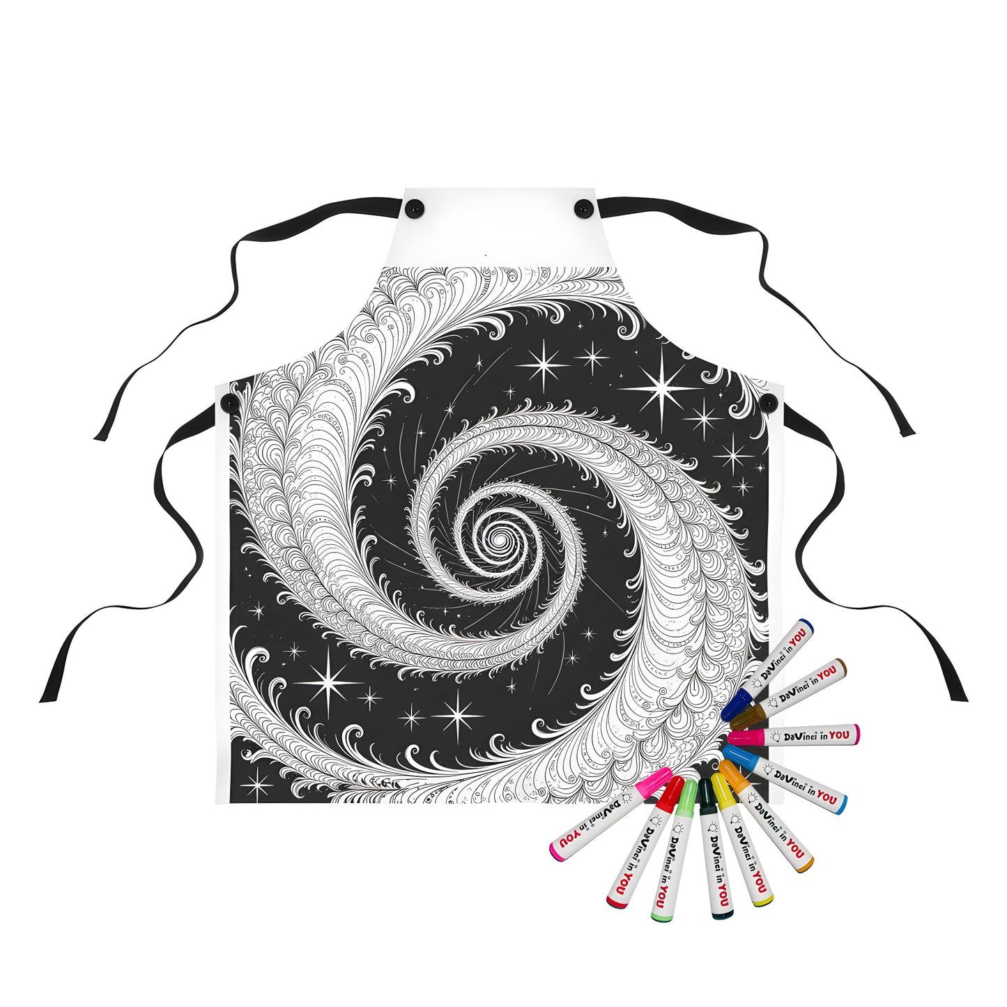 Coloring apron featuring an intricate black and white spiral artwork with stars background