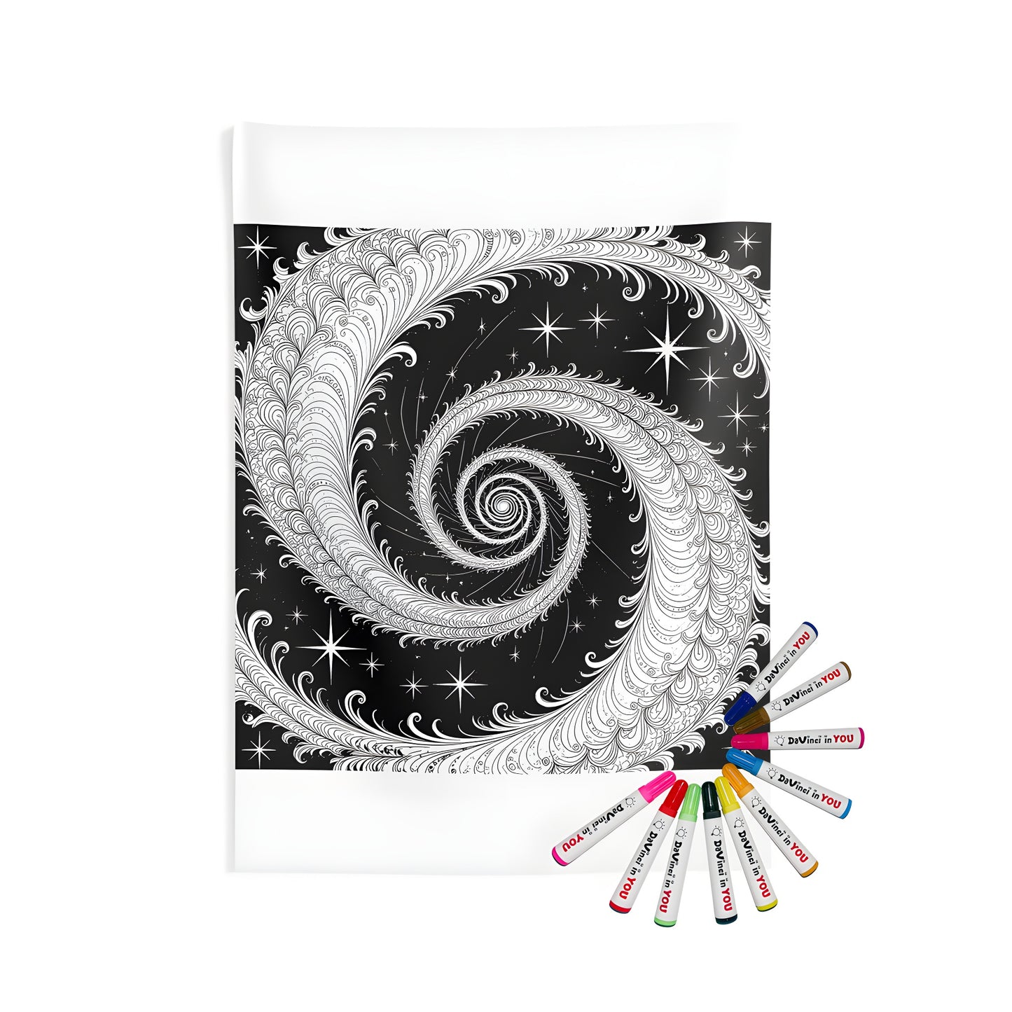 Indoor wall tapestry artwork with spiral design, colorful stars background