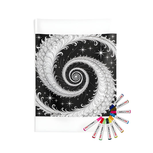 Indoor wall tapestry artwork with spiral design, colorful stars background