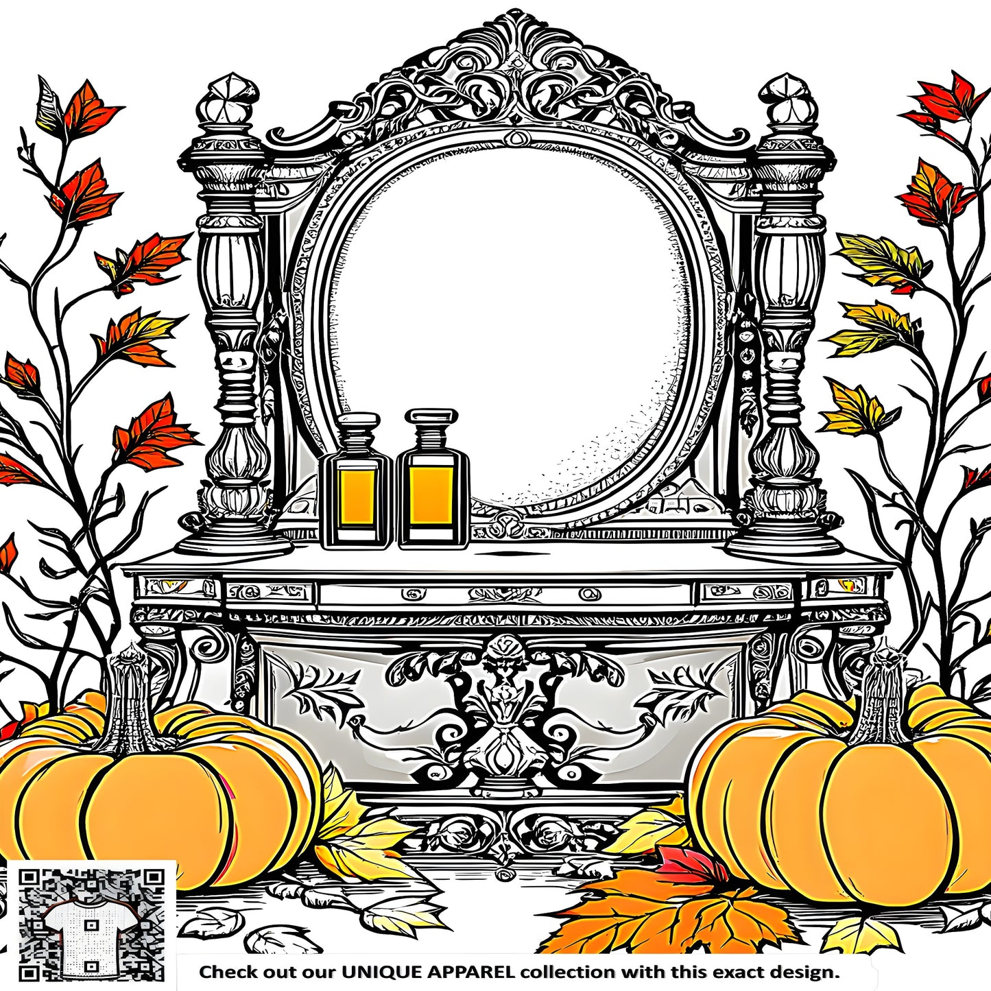 Colorful graphic design featuring an ornate mirror stand surrounded by vibrant gourds and fall foliage