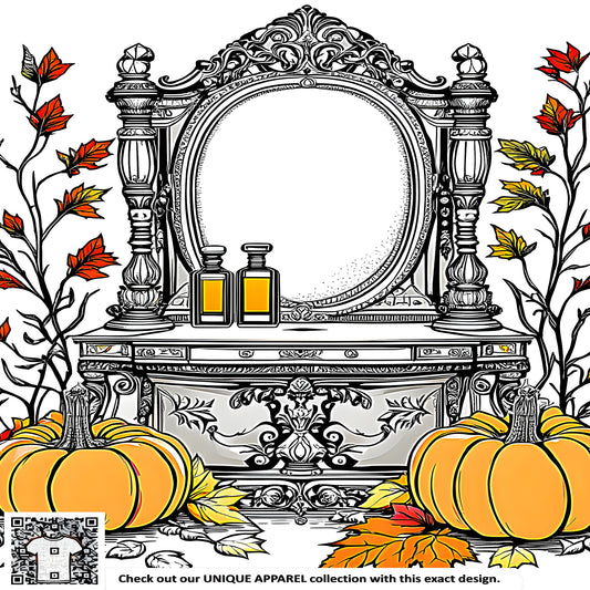 Colorful graphic design featuring an ornate mirror stand surrounded by vibrant gourds and fall foliage
