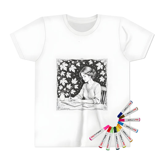 Coloring kit for kids t-shirt with vibrant fabric markers, features serene illustration of woman writing in book