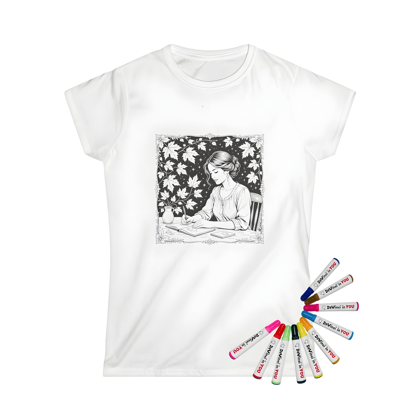 Women's t-shirt coloring kit with 10 vibrant fabric markers for drawing and art