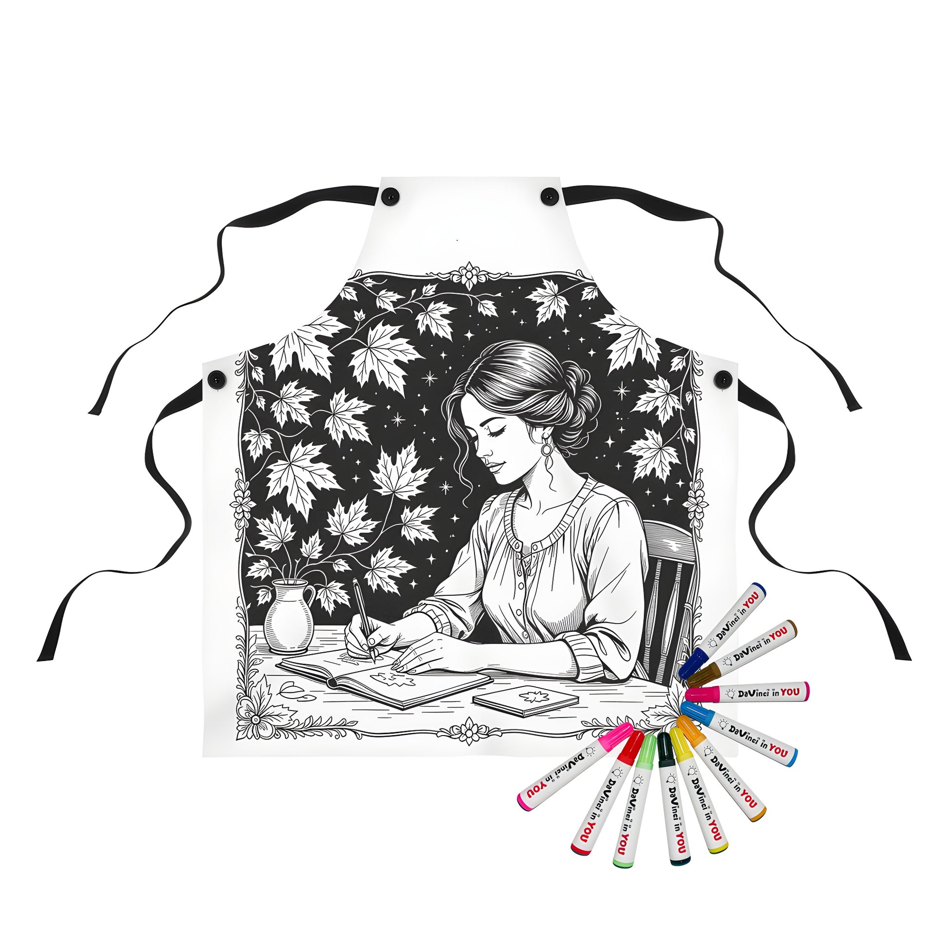 Apron with coloring page design of woman writing at table amidst leaves and stars