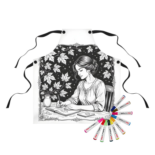 Apron with coloring page design of woman writing at table amidst leaves and stars