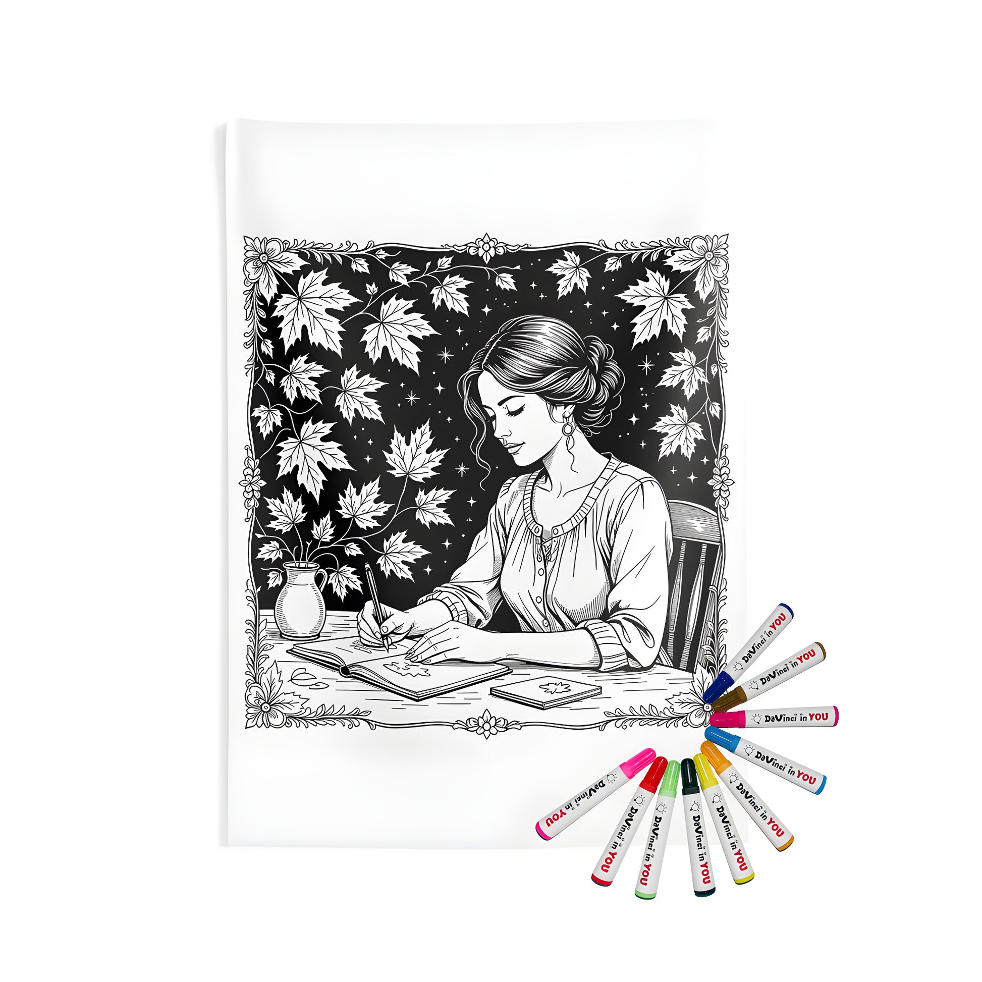Indoor wall tapestry with a serene illustration of a woman writing in a book surrounded by leaves and stars