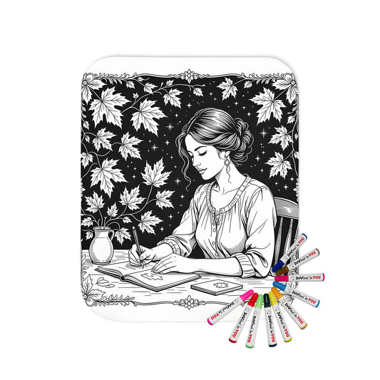 Serene illustration of a woman sitting at a table, writing in a book, surrounded by leaves and stars, on a colorful blanket created with our drawing kit