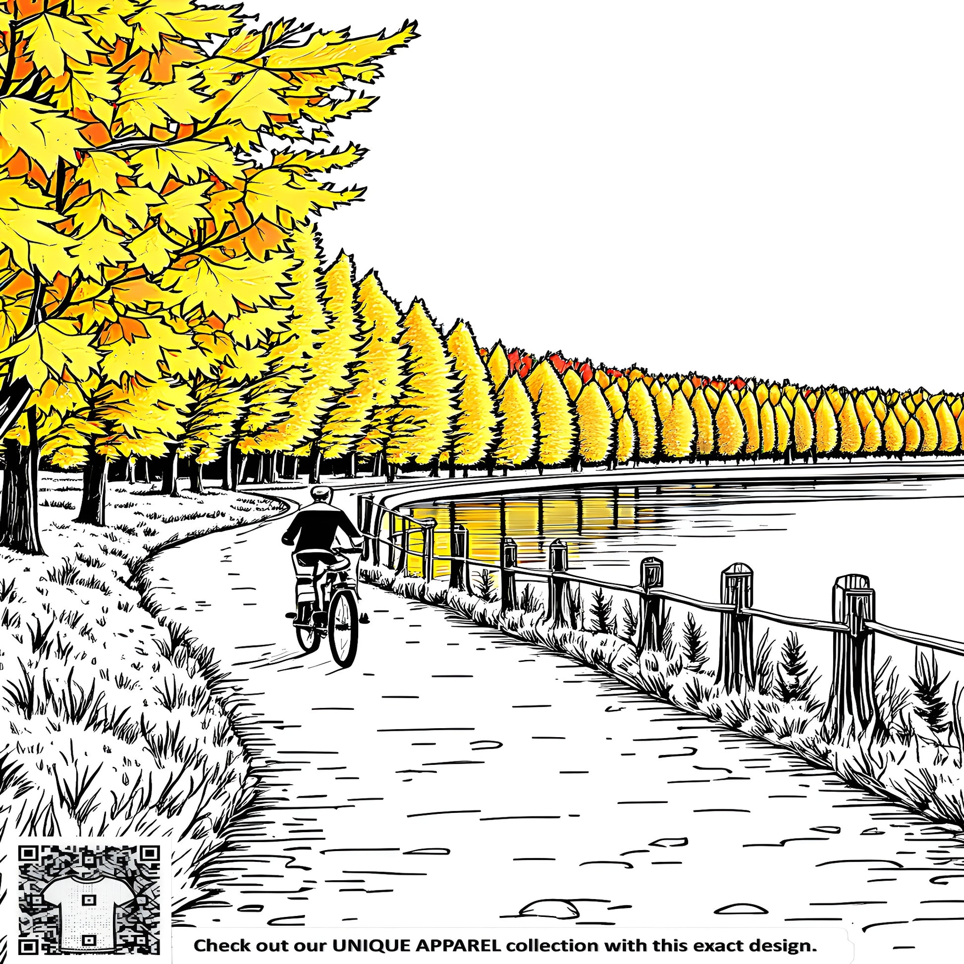 Colorful graphic design featuring a scenic cycling route on an autumnal path, surrounded by vibrant trees and a serene lake.