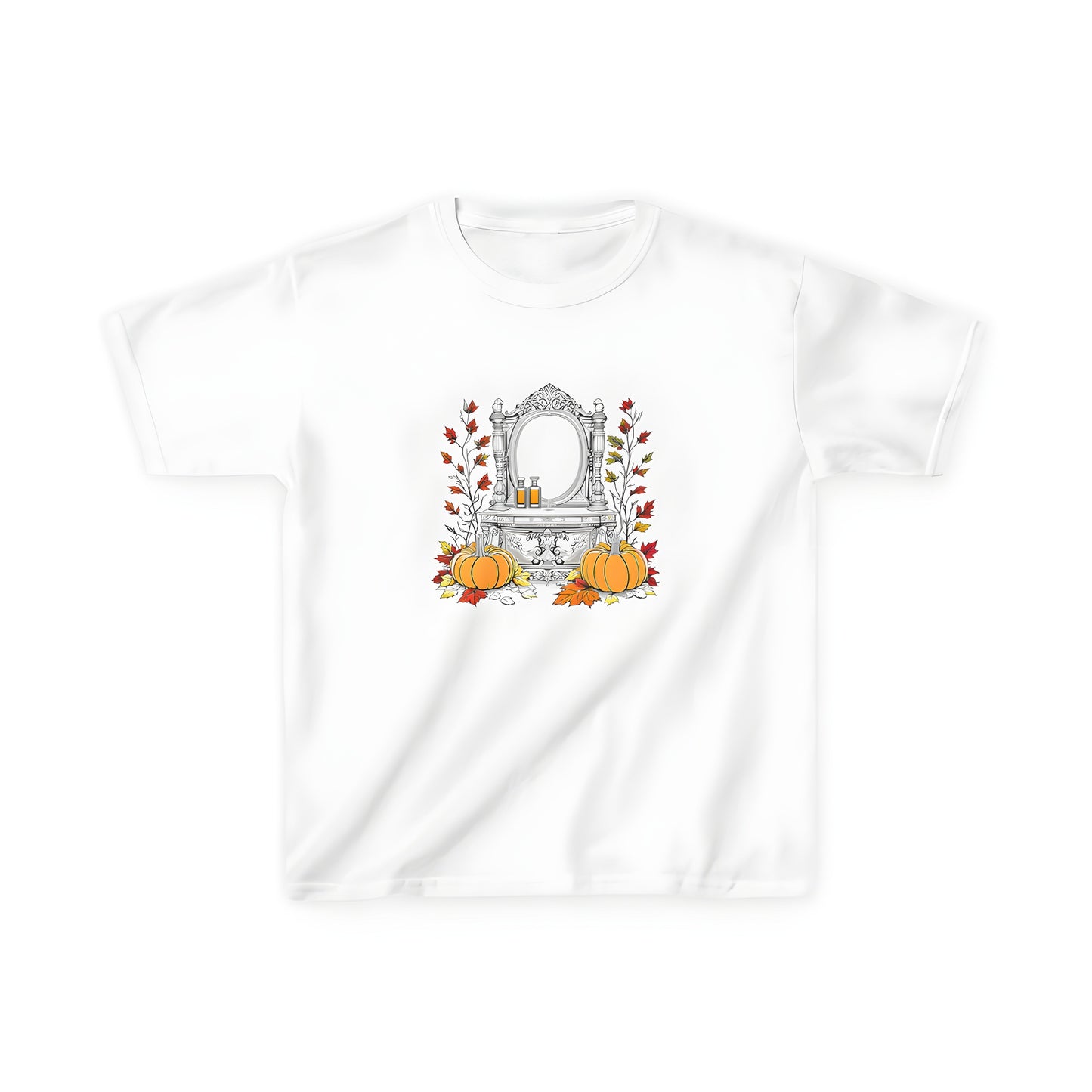 Colorful graphic design kids t-shirt featuring gourds and foliage