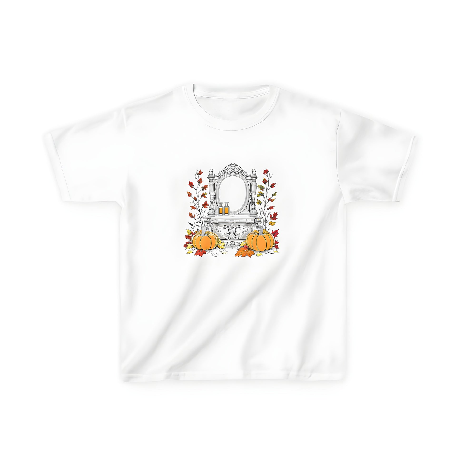 Colorful graphic design kids t-shirt featuring gourds and foliage