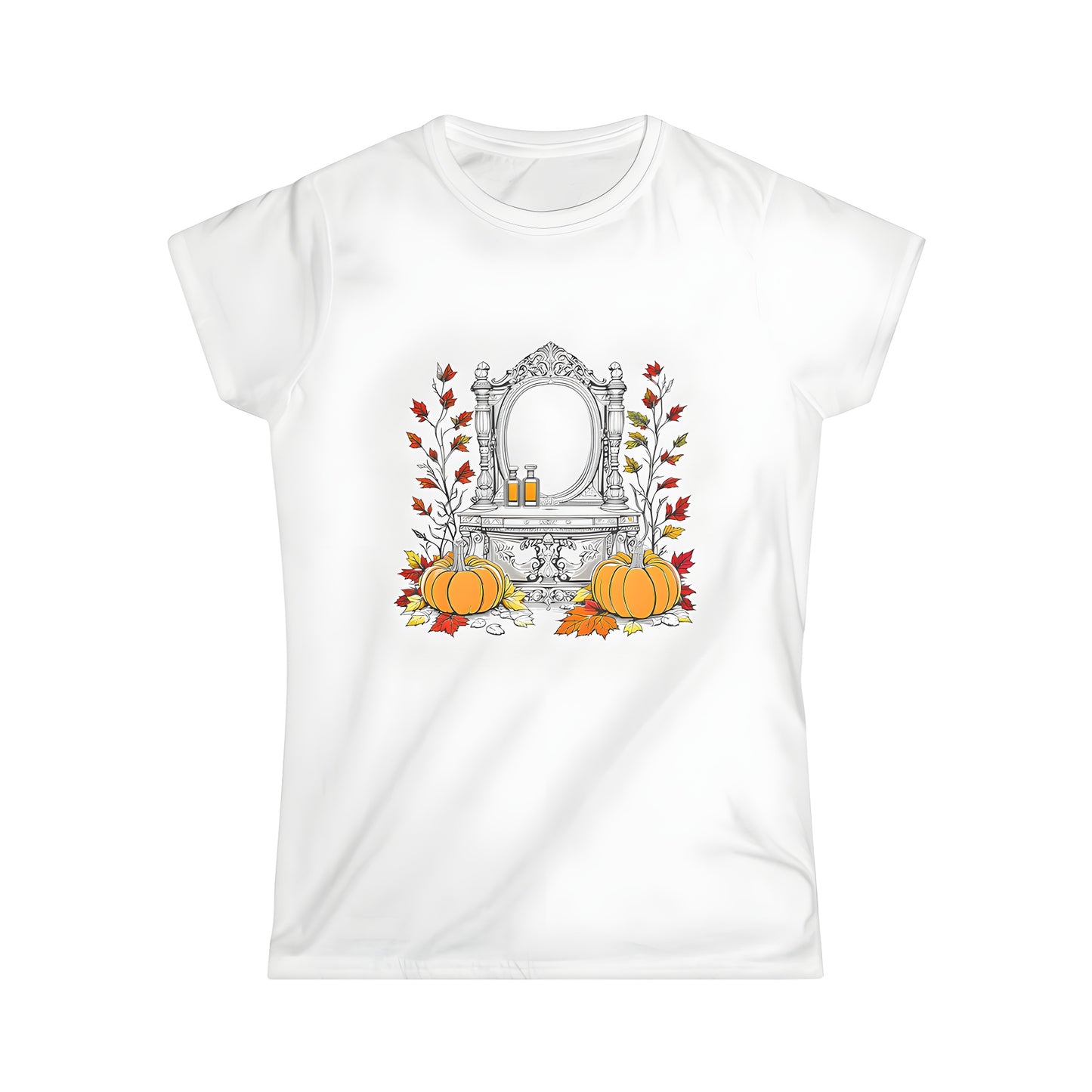 Women's colorful graphic t-shirt featuring an autumnal theme with intricate designs of gourds and foliage