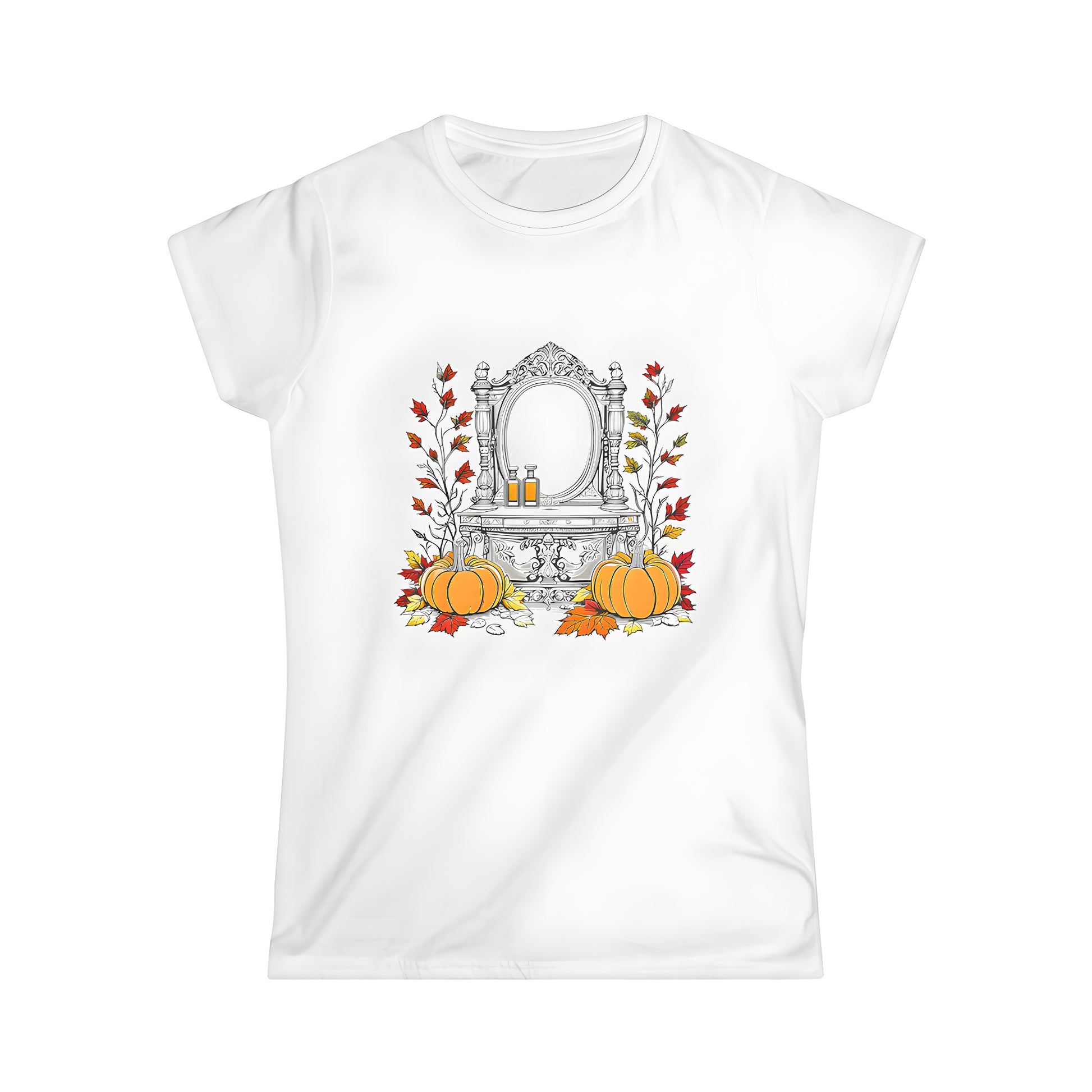 Women's colorful graphic t-shirt featuring an autumnal theme with intricate designs of gourds and foliage