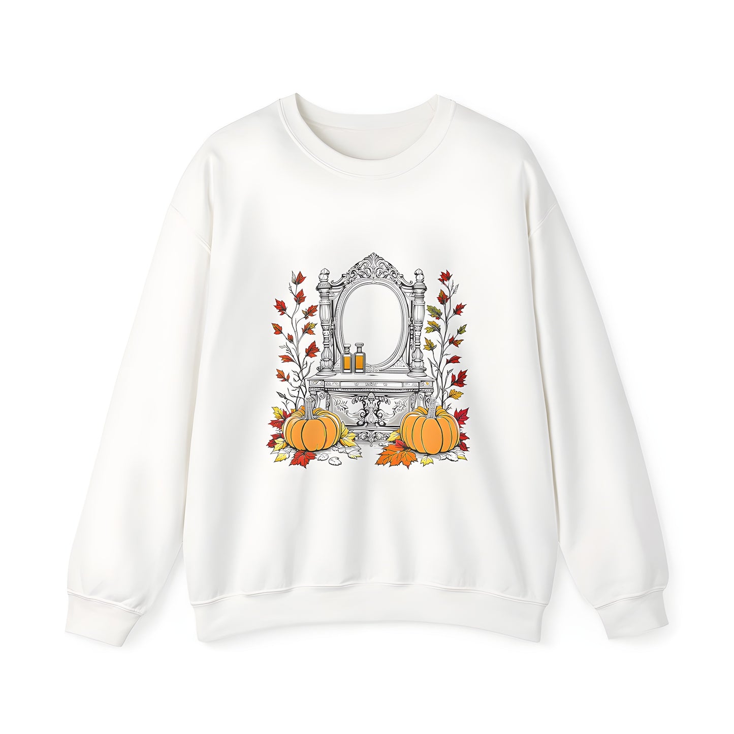 Adult sweatshirt featuring colorful graphic design of gourds and fall foliage