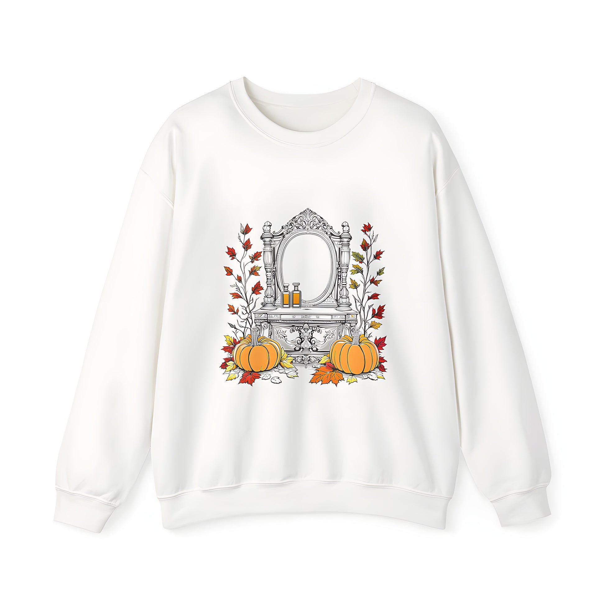 Adult sweatshirt featuring colorful graphic design of gourds and fall foliage