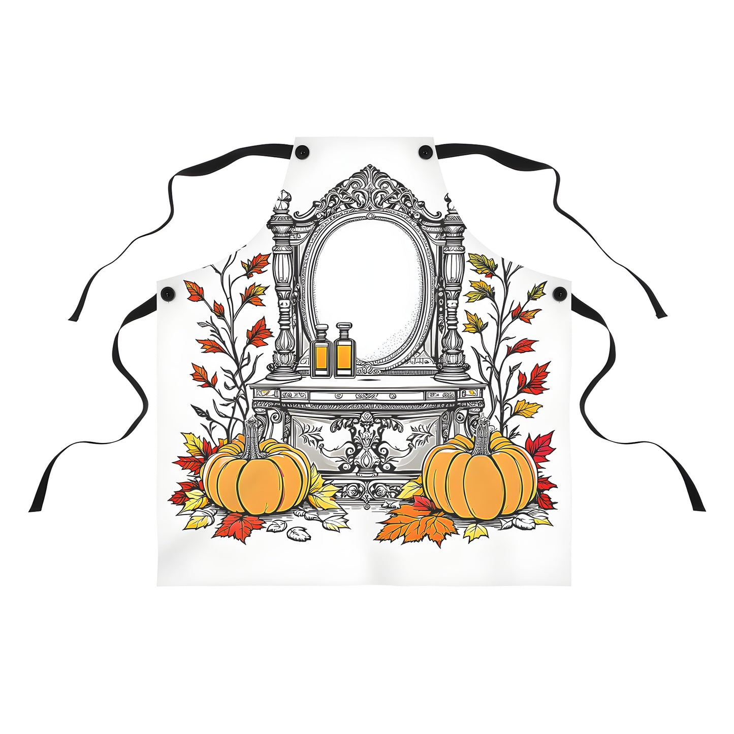 Colorful Graphic Design Apron with pumpkins and autumn leaves print